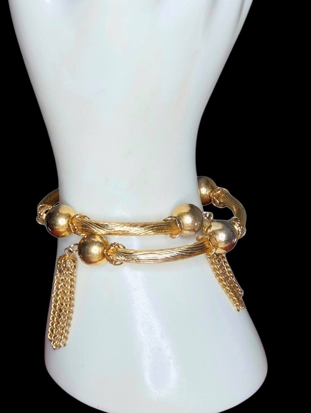 Vintage Gold-Tone Textured Bypass Tassel Bangle